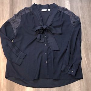 Navy button up blouse with lace shoulders